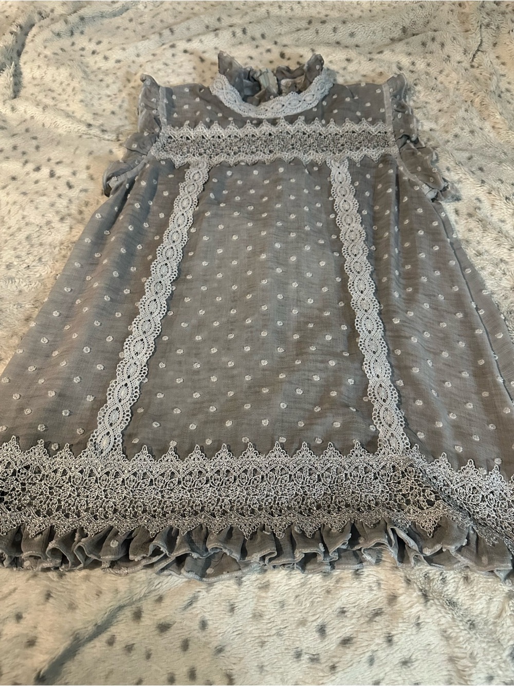 POL Grey Polka Dot Lace-Trim Blouse